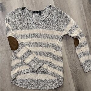 RDI Gray and Cream V-Neck Sweater with Brown Elbow Patches